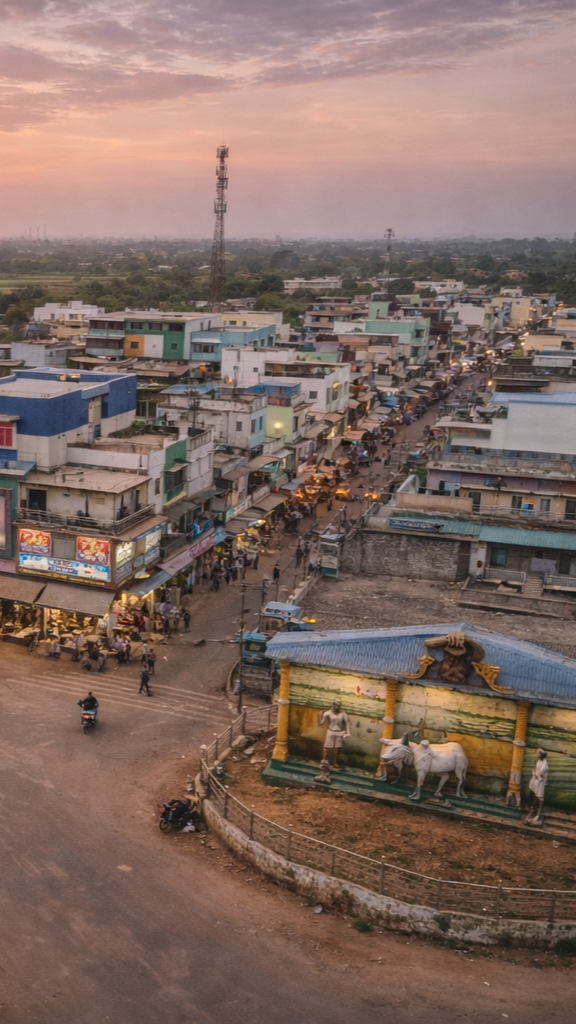 Aerial view of Patan's market area at dusk