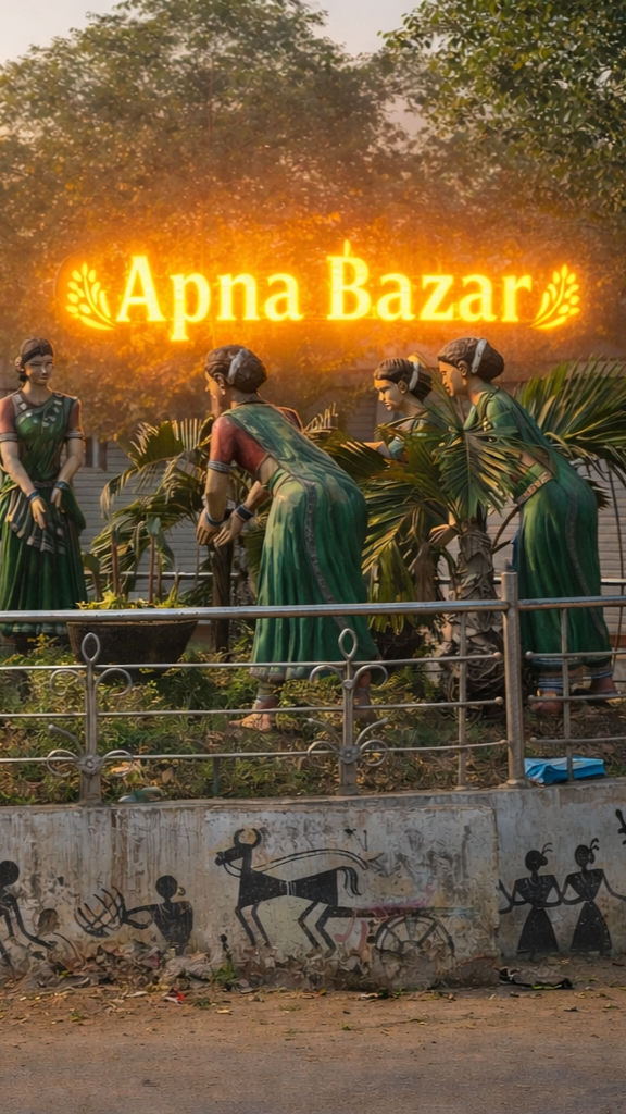 Cultural statue installation in Patan with Apna Bazar branding