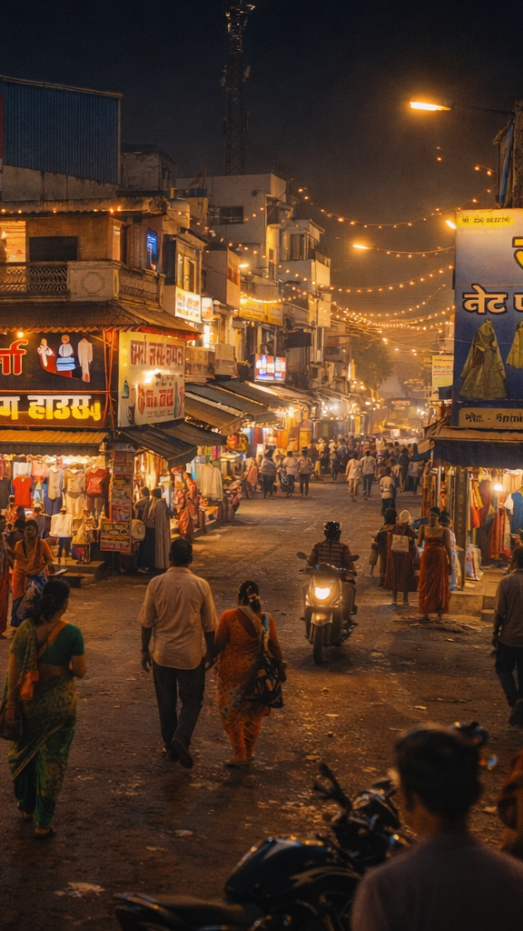 Night market street in Patan with busy local shops
